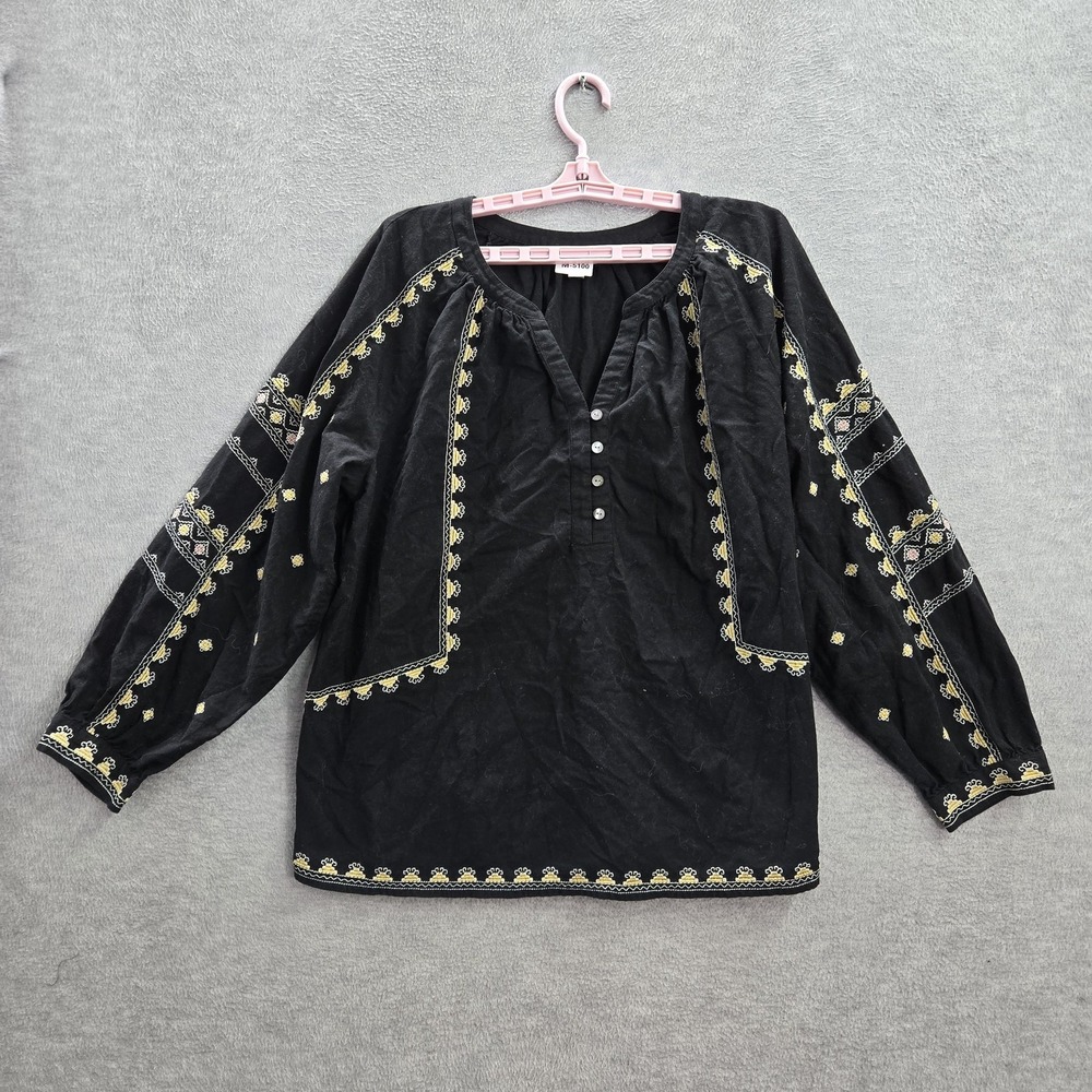 Pure J Jill Women Blouse XL Black Geometric Bohemian Embroidered Button Elements
